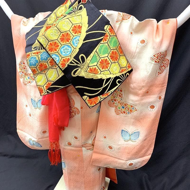 412ag64□七五三 七歳 女児 着物&袋帯&長襦袢 金彩 蝶 菊□状態良好u