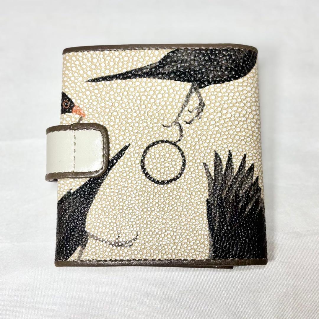 美品】 ヒロコハヤシ メルロ 薄型二つ折り財布 鳥 バード ベージュ