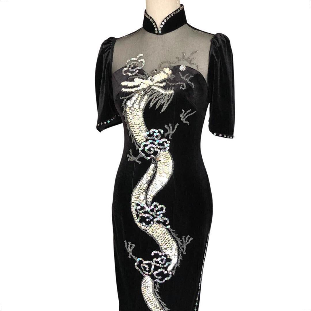 豪華⭐️チャイナドレス ベルベット ドラゴン スパンコール刺繍