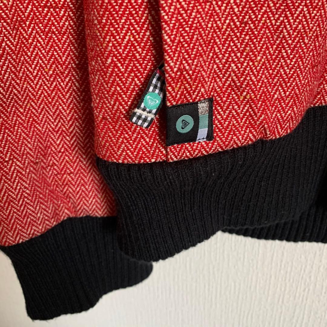 ロキシー　美品スノーウェアMサイズ　赤ツイード風　白ボアフード