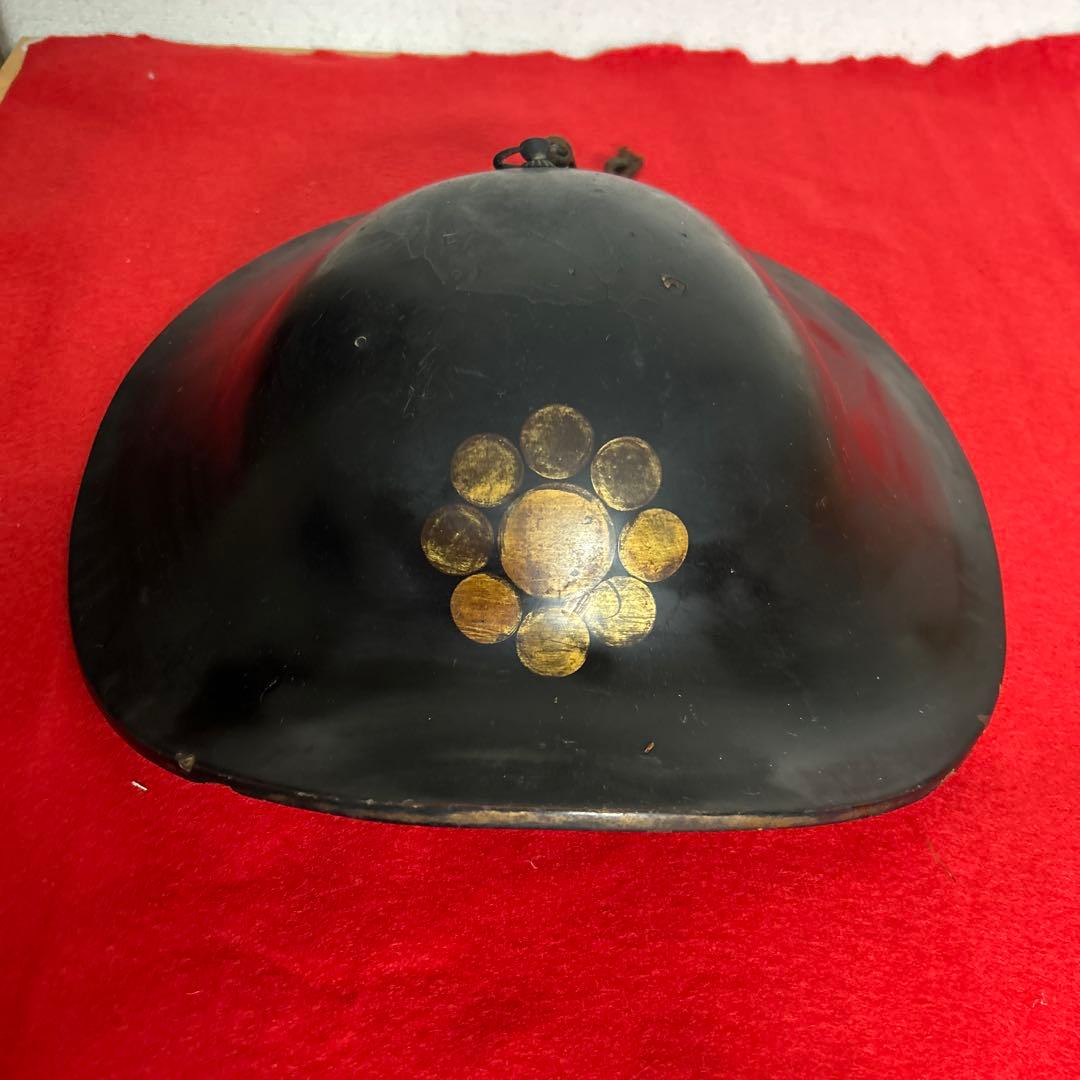 九曜紋 平陣笠 家紋入 黒漆塗 骨董 アンティーク/甲冑/鎧兜/