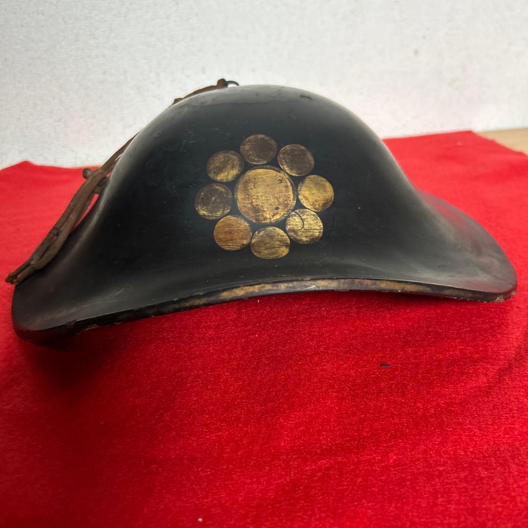 九曜紋 平陣笠 家紋入 黒漆塗 骨董 アンティーク/甲冑/鎧兜/