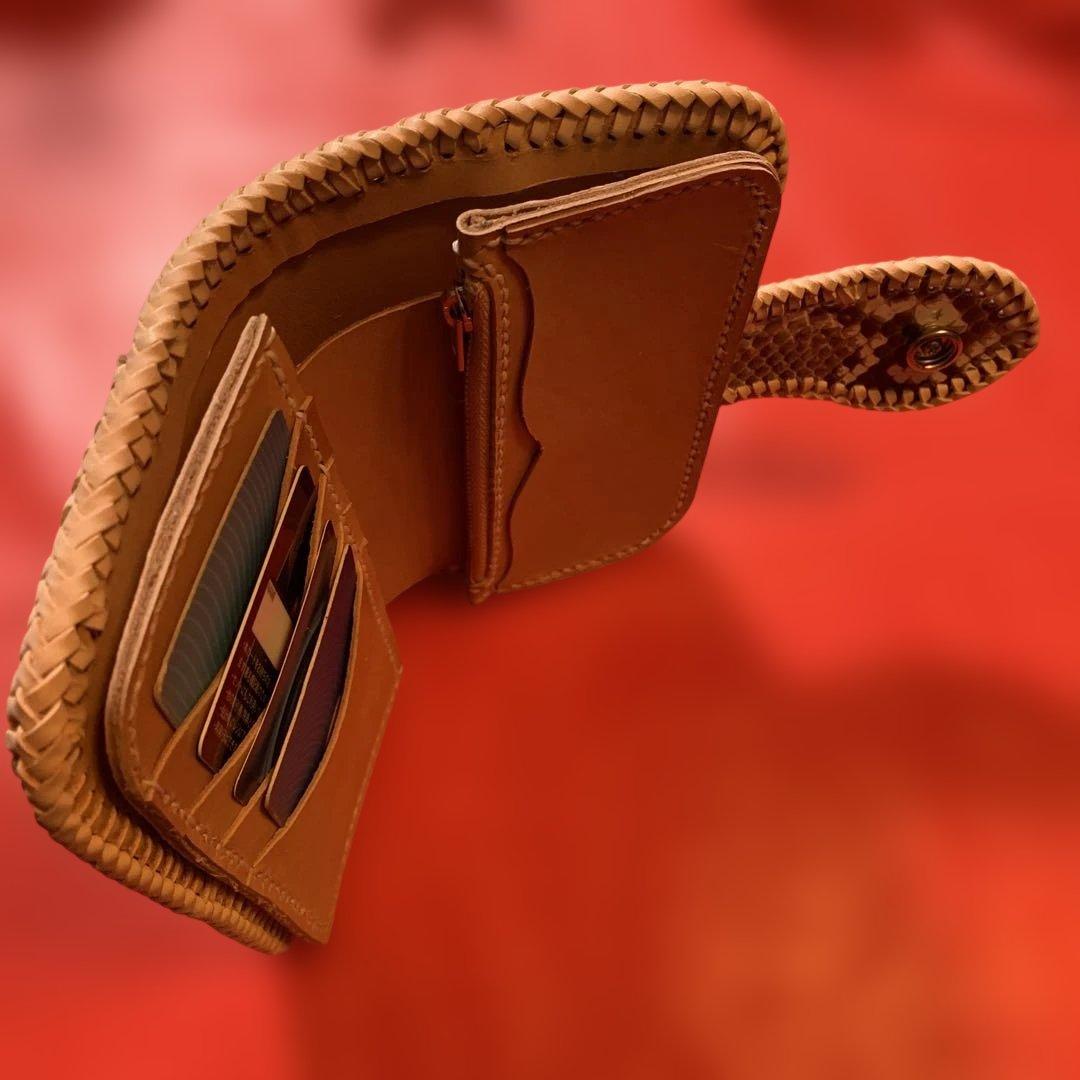 ハンドメイドレザークラフトダイヤモンドパイソンミドルウォレットヌメ革牛レース編み