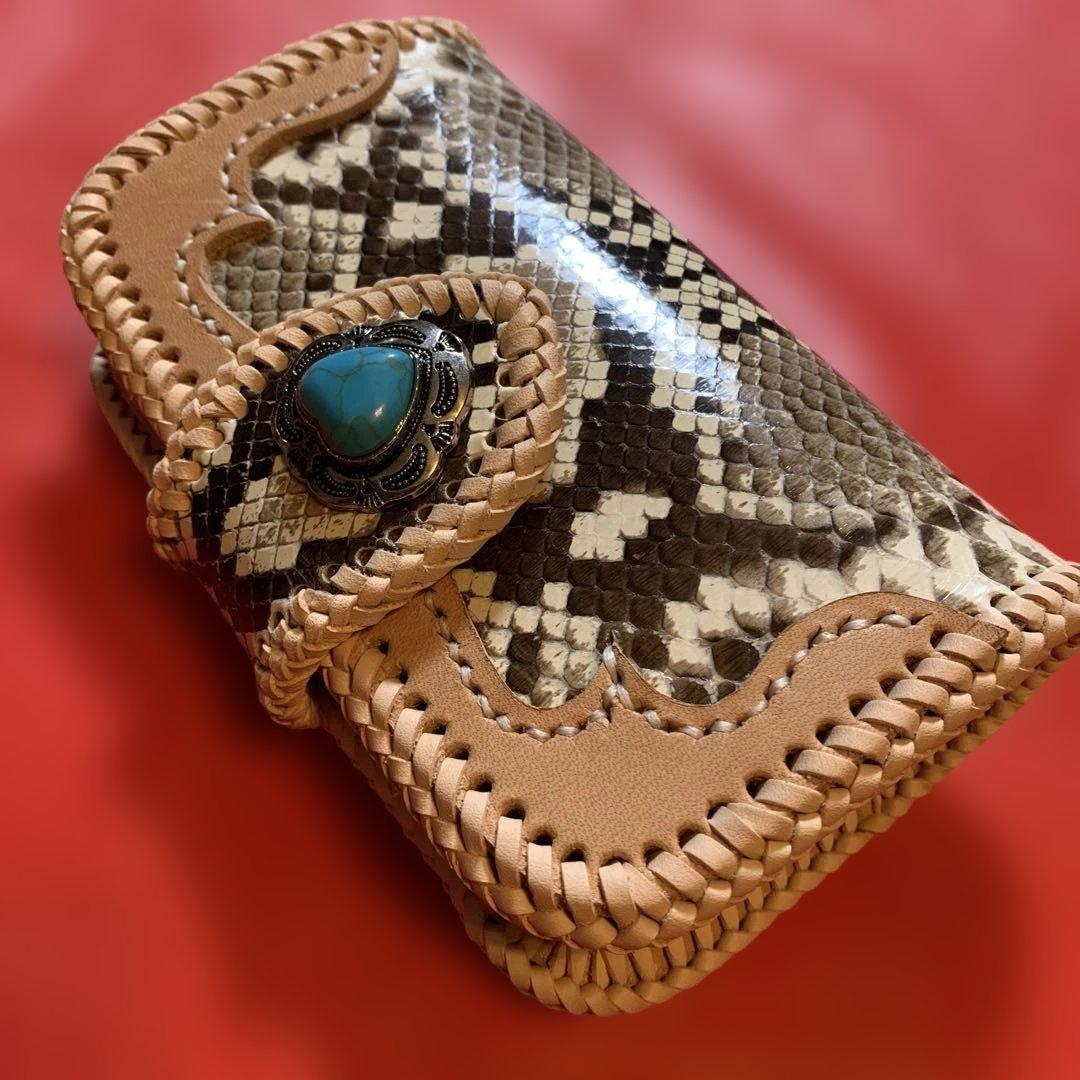 ハンドメイドレザークラフトダイヤモンドパイソンミドルウォレットヌメ革牛レース編み