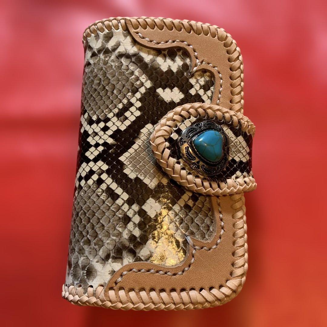 ハンドメイドレザークラフトダイヤモンドパイソンミドルウォレットヌメ革牛レース編み