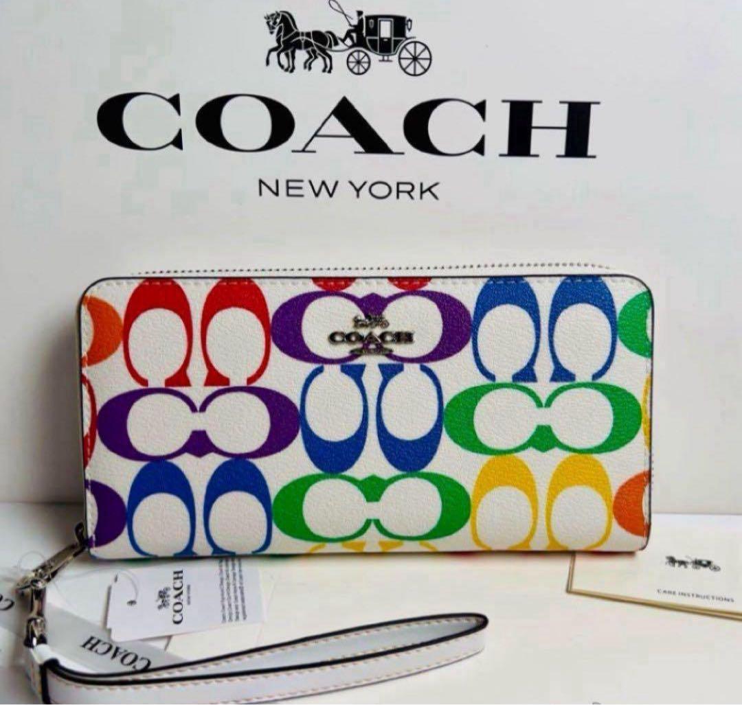COACH長財布レインボーマルチカラーシグネチャーホワイト白ストラップ