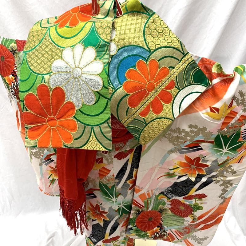 511ag62■七五三 七歳 女児 セミアンティーク着物&丸帯&長襦袢 菊■良好