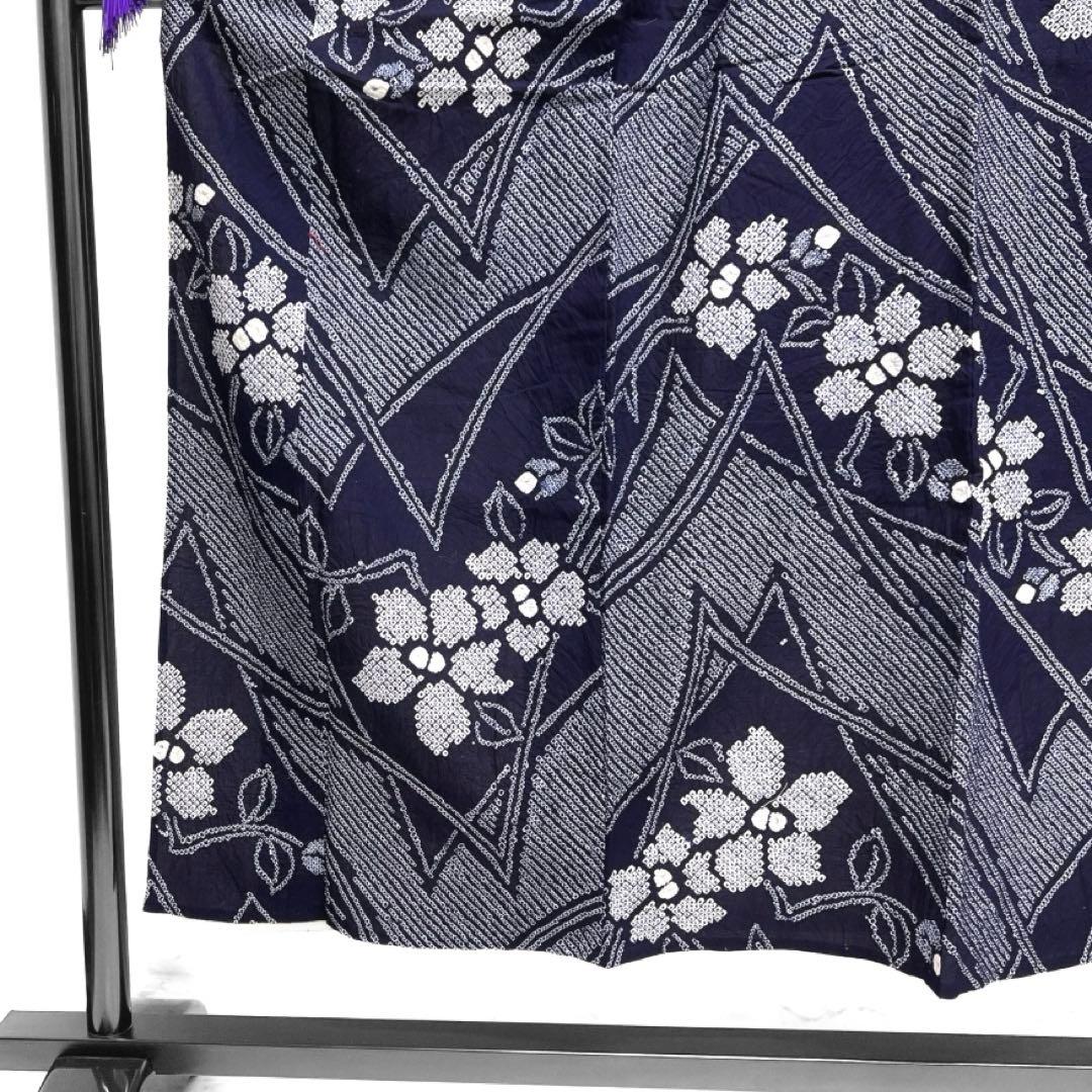 浴衣　有松鳴海絞り　花模様　杉綾紋　ギザギザ　ネイビー　着物　034a d