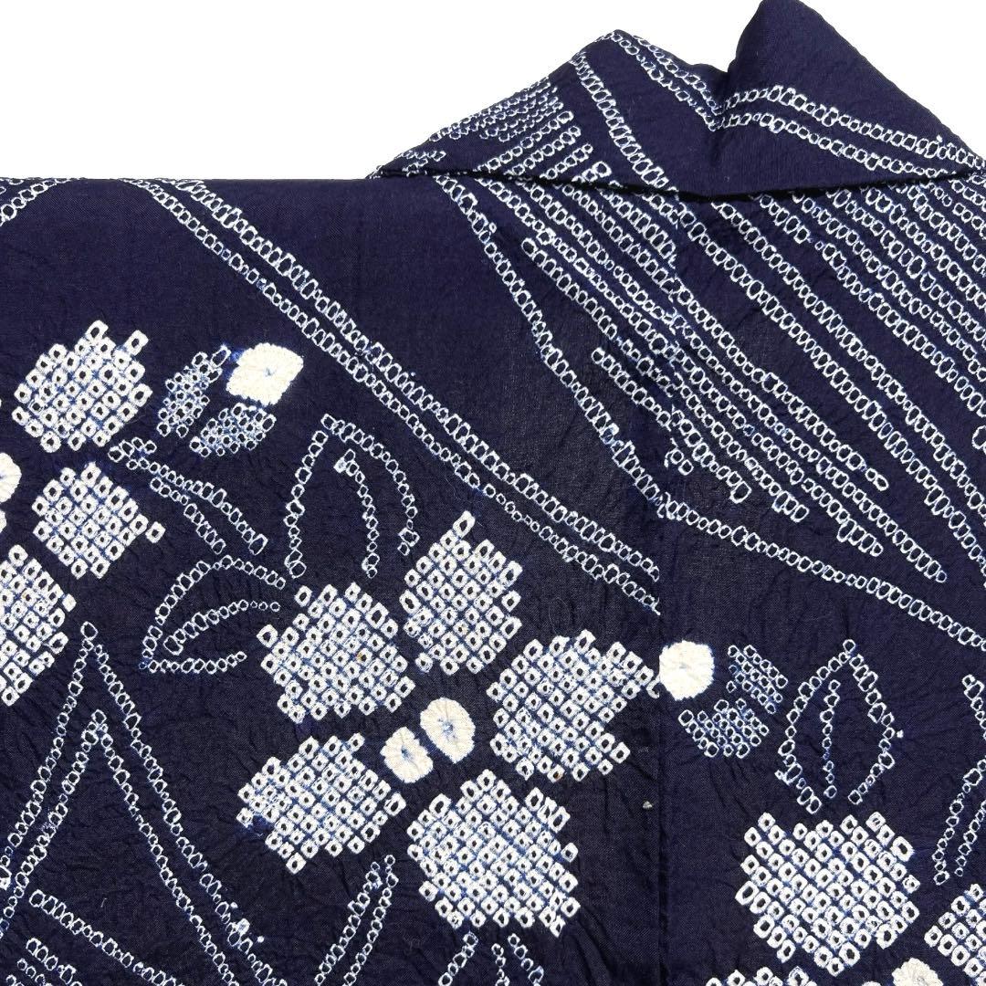 浴衣　有松鳴海絞り　花模様　杉綾紋　ギザギザ　ネイビー　着物　034a d