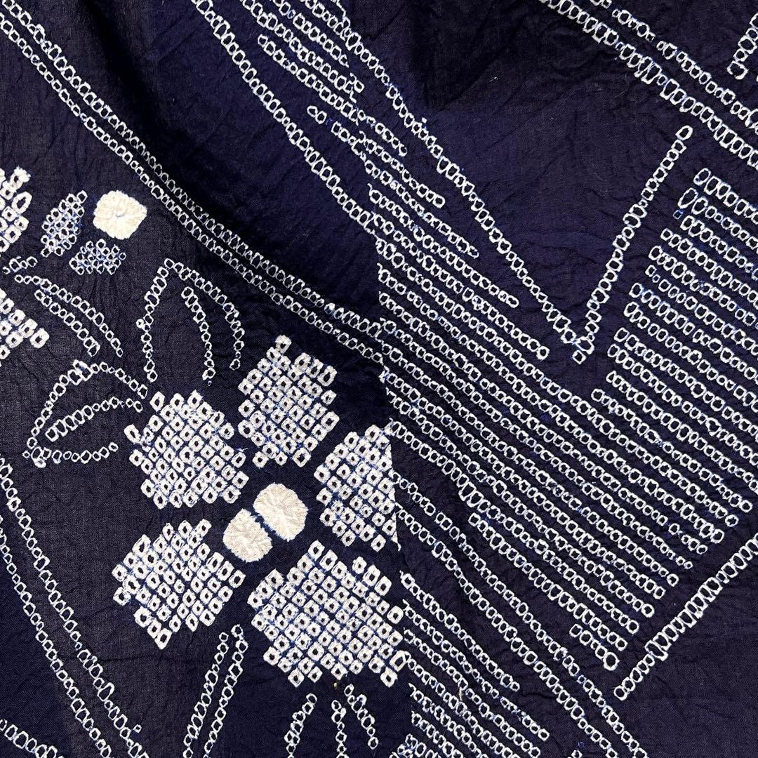 浴衣　有松鳴海絞り　花模様　杉綾紋　ギザギザ　ネイビー　着物　034a d