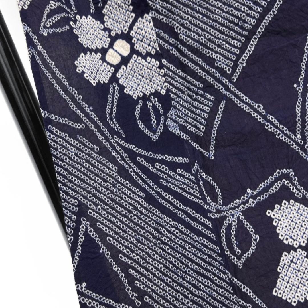 浴衣　有松鳴海絞り　花模様　杉綾紋　ギザギザ　ネイビー　着物　034a d