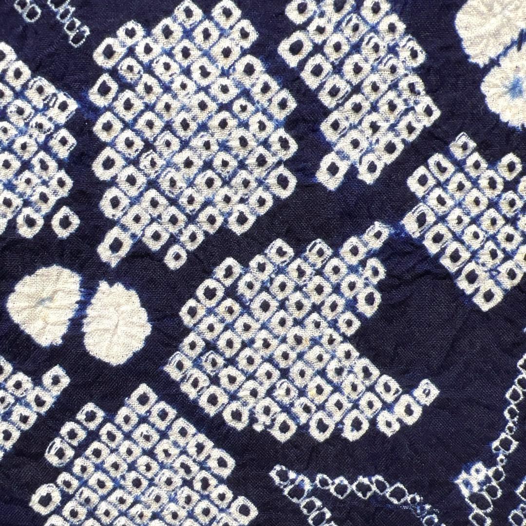 浴衣　有松鳴海絞り　花模様　杉綾紋　ギザギザ　ネイビー　着物　034a d