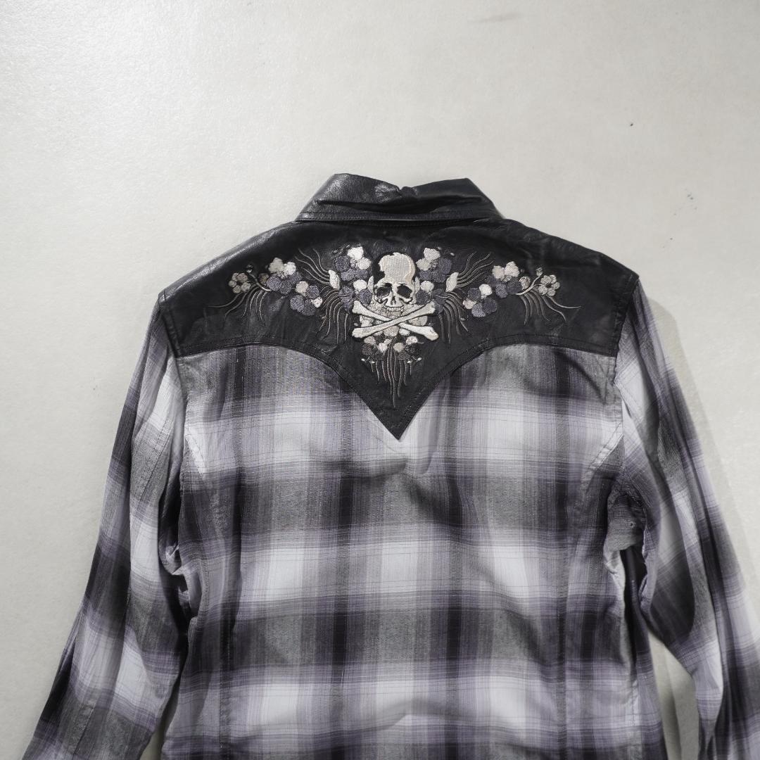 Roen チェック柄 鹿革レザー切替シャツ スカル刺繍 グレー/FZ52 - メルカリ