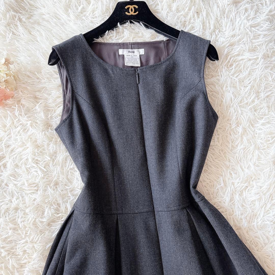 美品 ルネ Aラインワンピース ウール ボリューム リボン ノースリーブシンプル