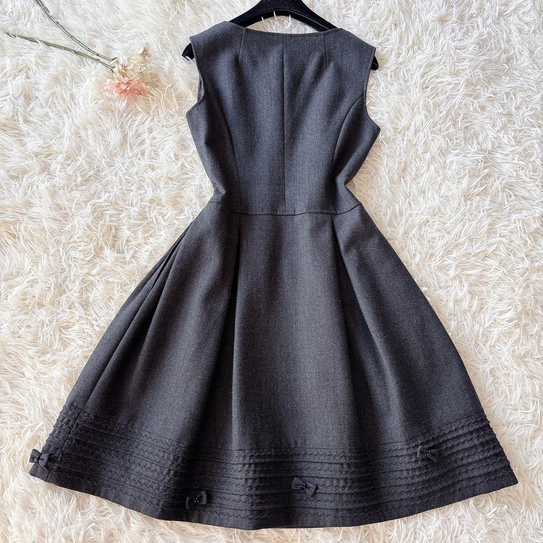 美品 ルネ Aラインワンピース ウール ボリューム リボン ノースリーブシンプル