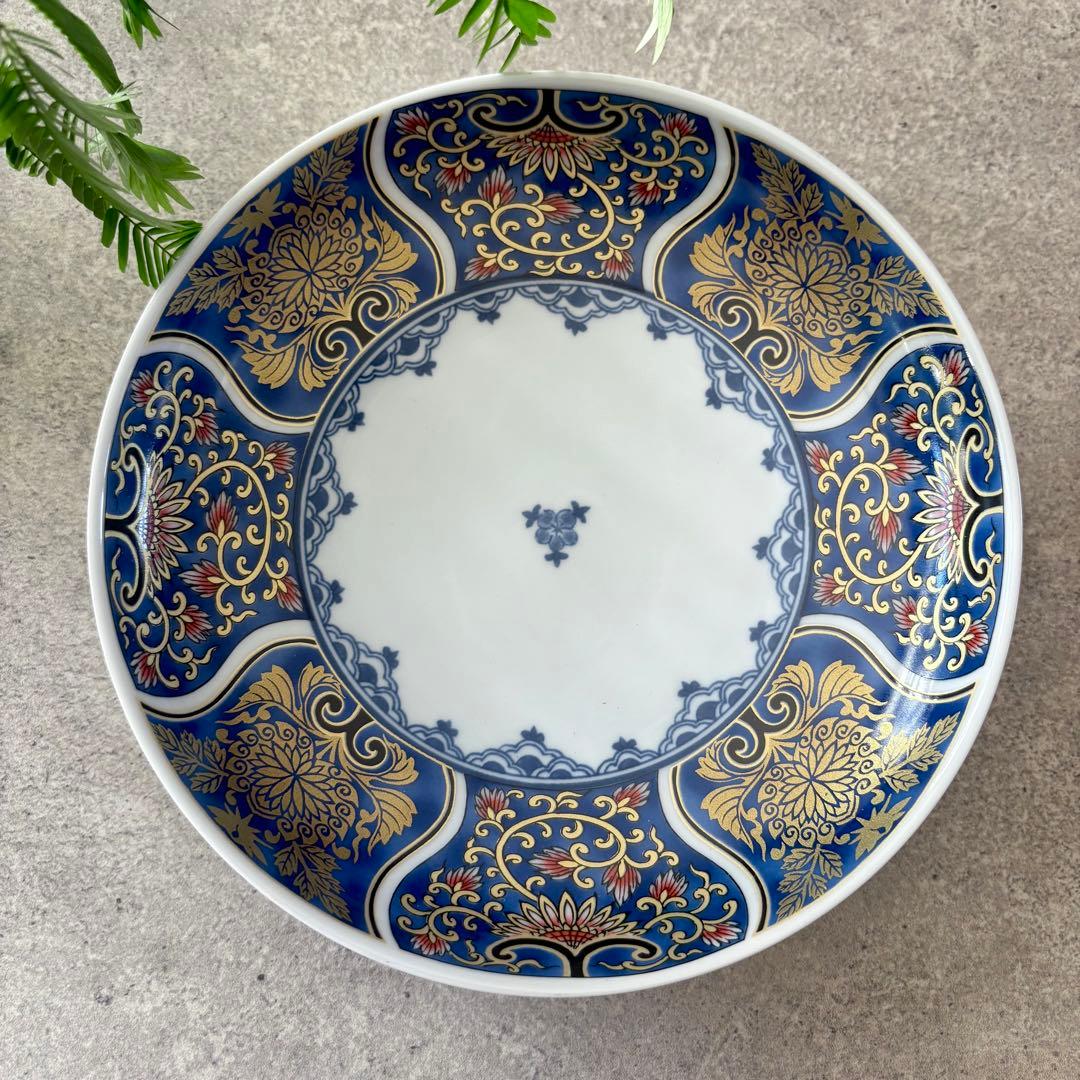 献上古伊万里 大皿 5枚セット 藍色 ブルー 約20cm 多用皿 金彩 和食器
