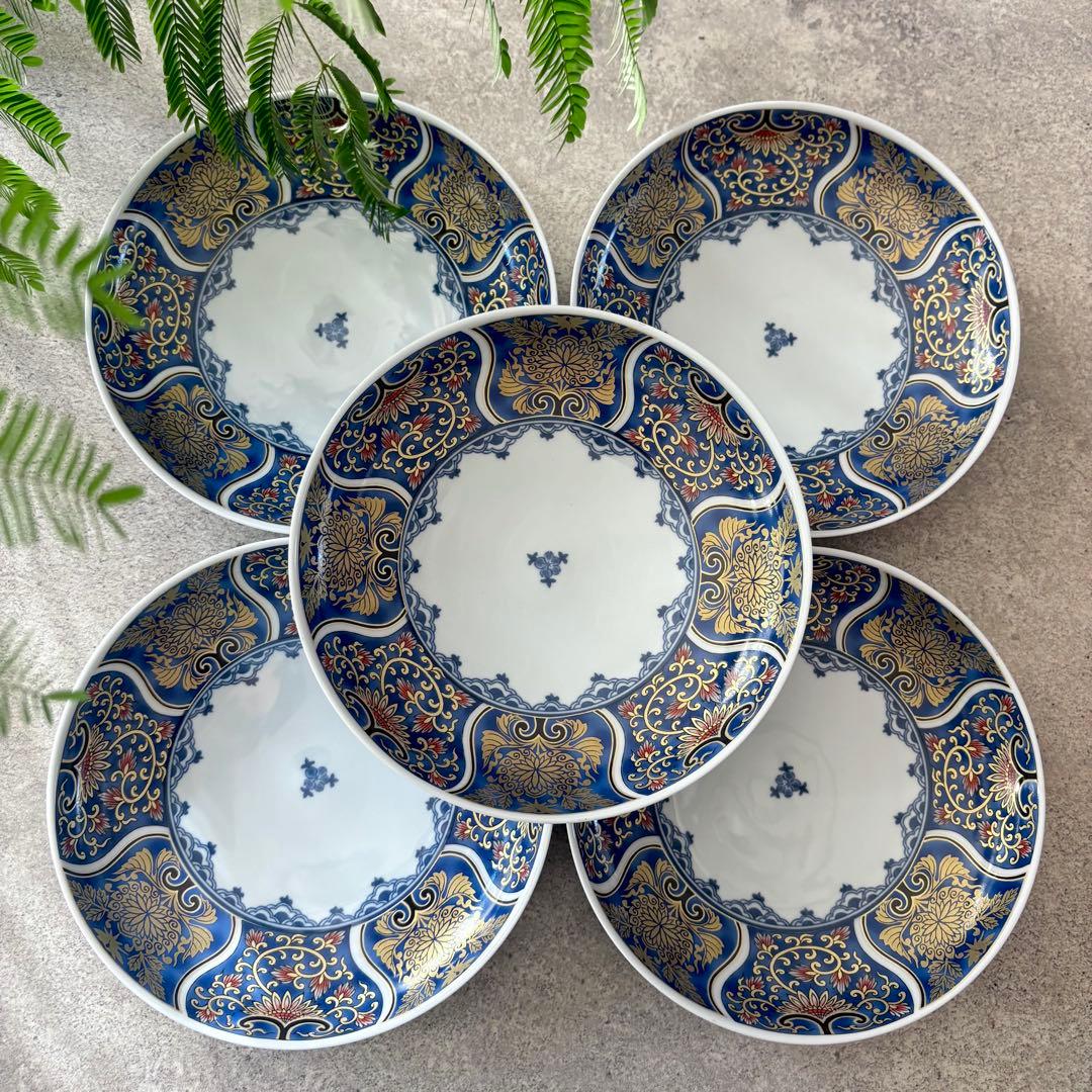 献上古伊万里 大皿 5枚セット 藍色 ブルー 約20cm 多用皿 金彩 和食器