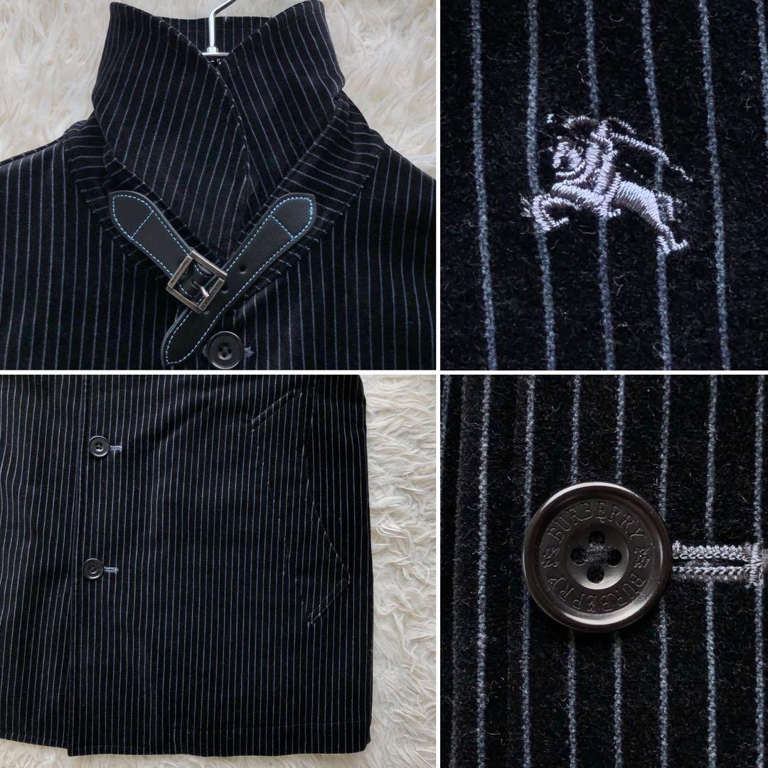 バーバリーブラックレーベル　ステンカラーコート　紺　ベロア　光沢　ホース刺繍