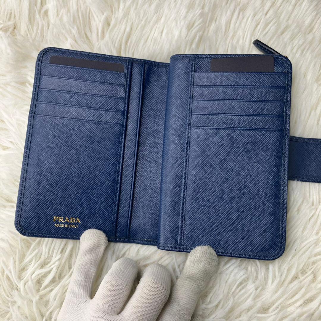 極美品✨PRADA プラダ 二つ折り財布 ネイビー ゴールドロゴ