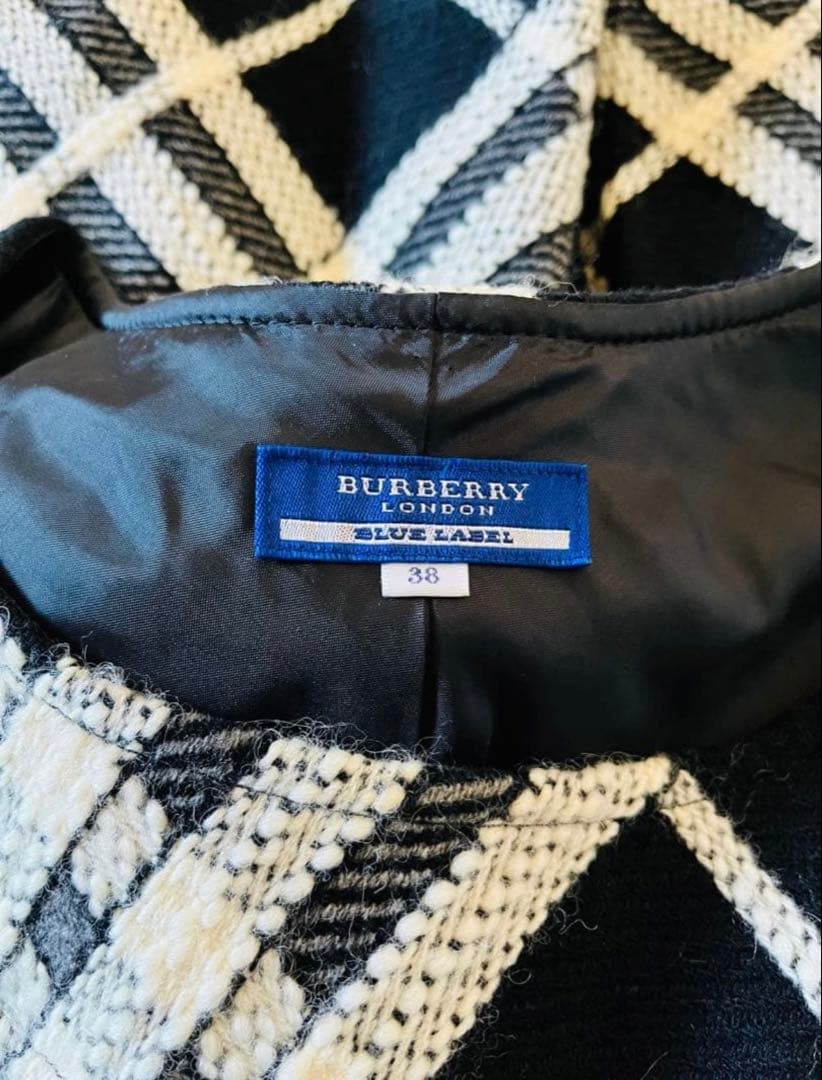 美品★バーバリーブルーレーベル★ビッグチェックツイードプリーツワンピース38白黒