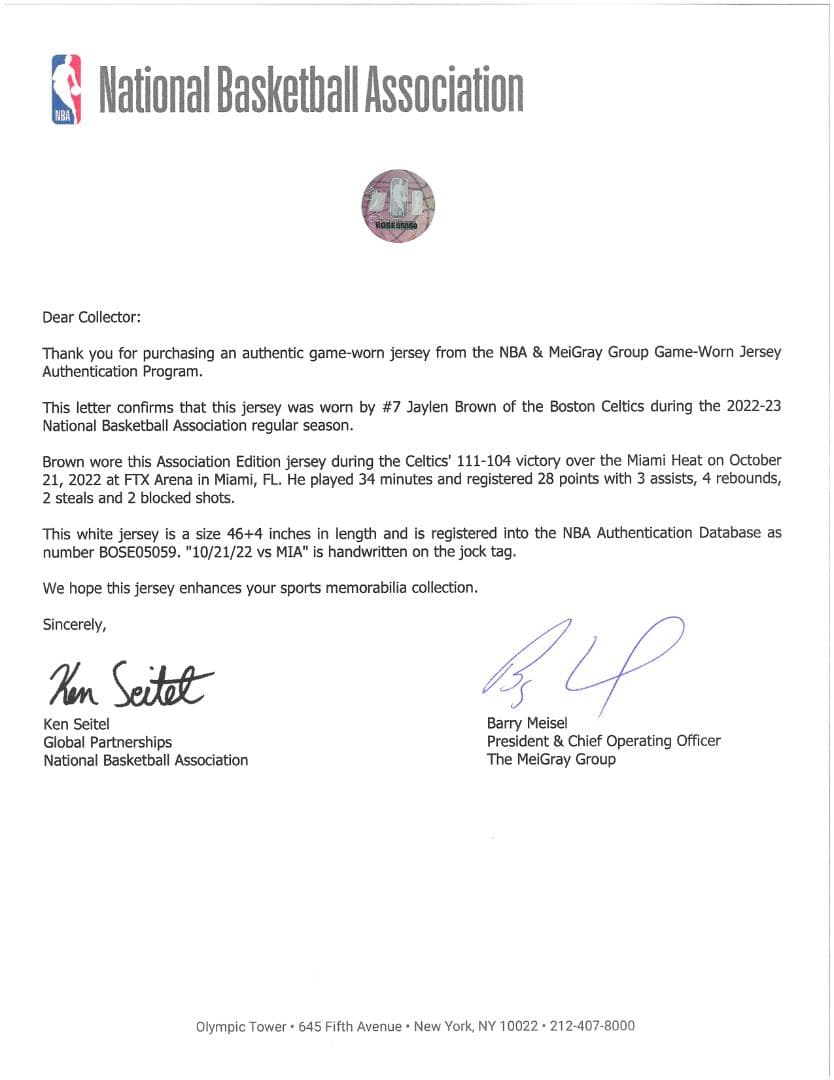 セルティックス、ジェイレン・ブラウン限定着用ジャージ、マイグレイ鑑定書付き