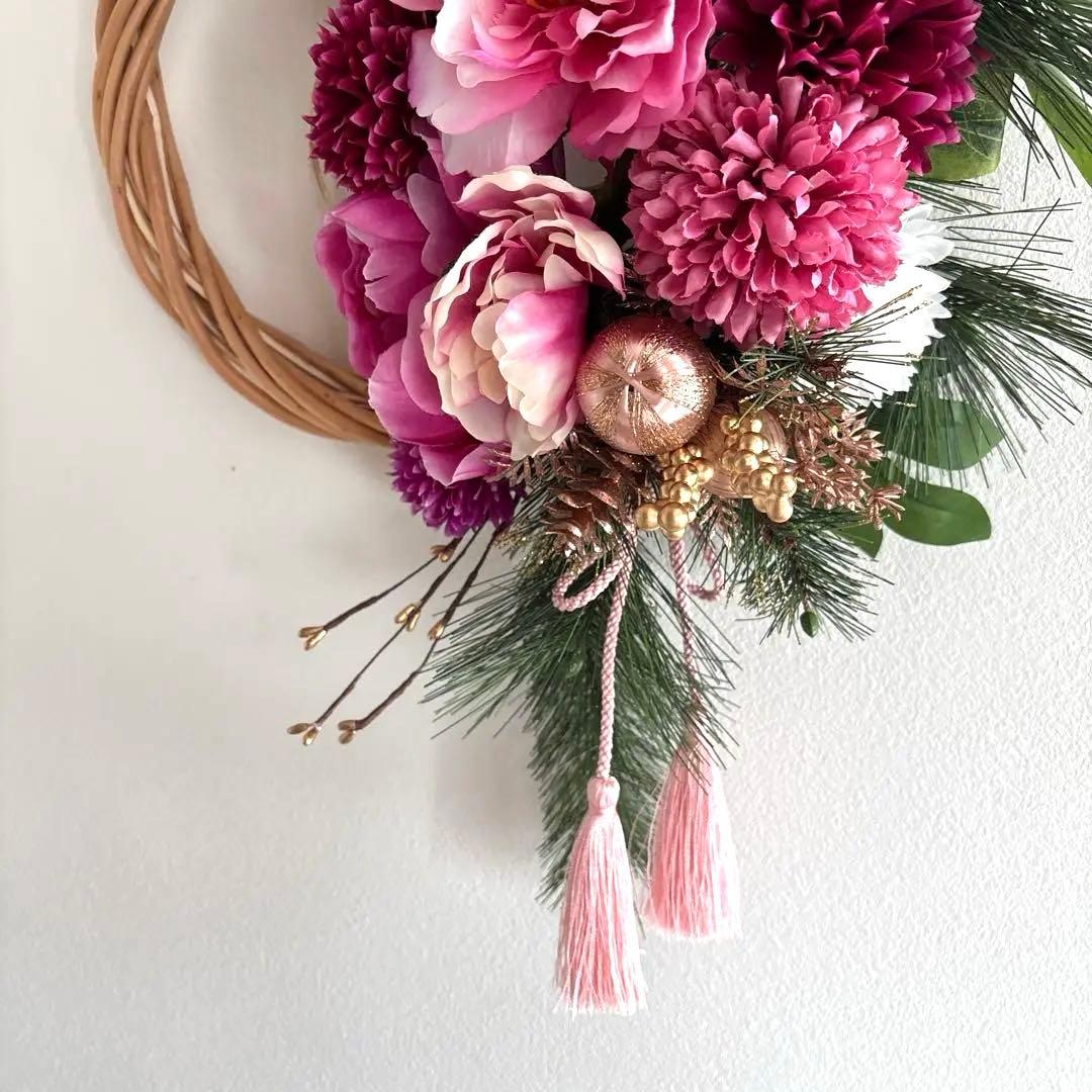 ＊M　フラワーリース＊玄関リース　大きめ　お正月リース　ピンク