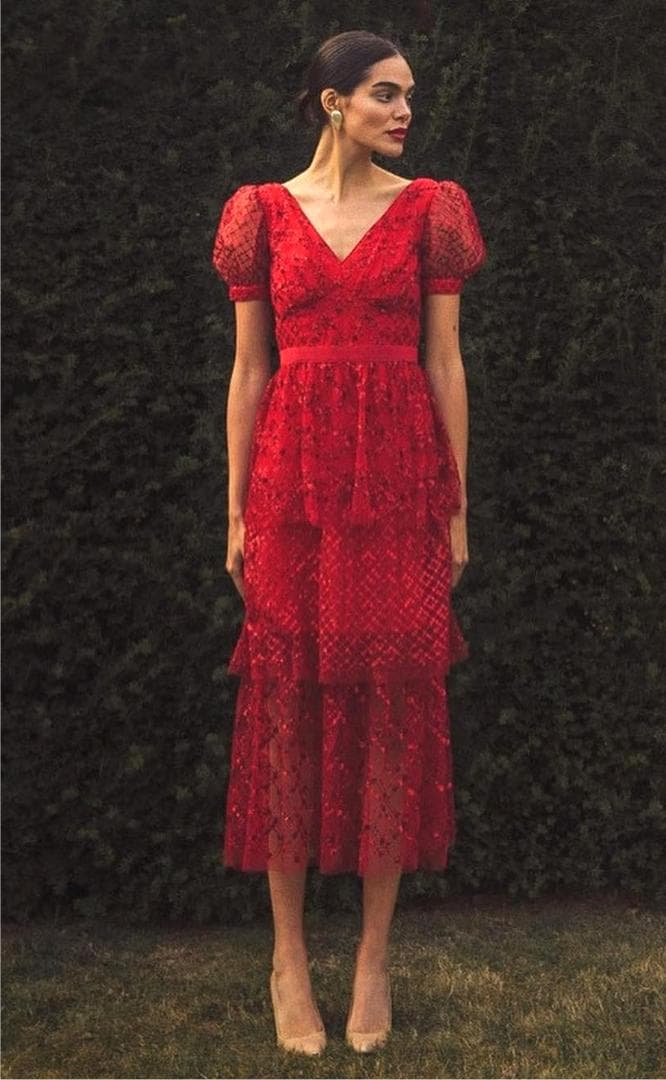 p*u様 セルフポートレイト ワンピース ティアード スパンコール レッド UK