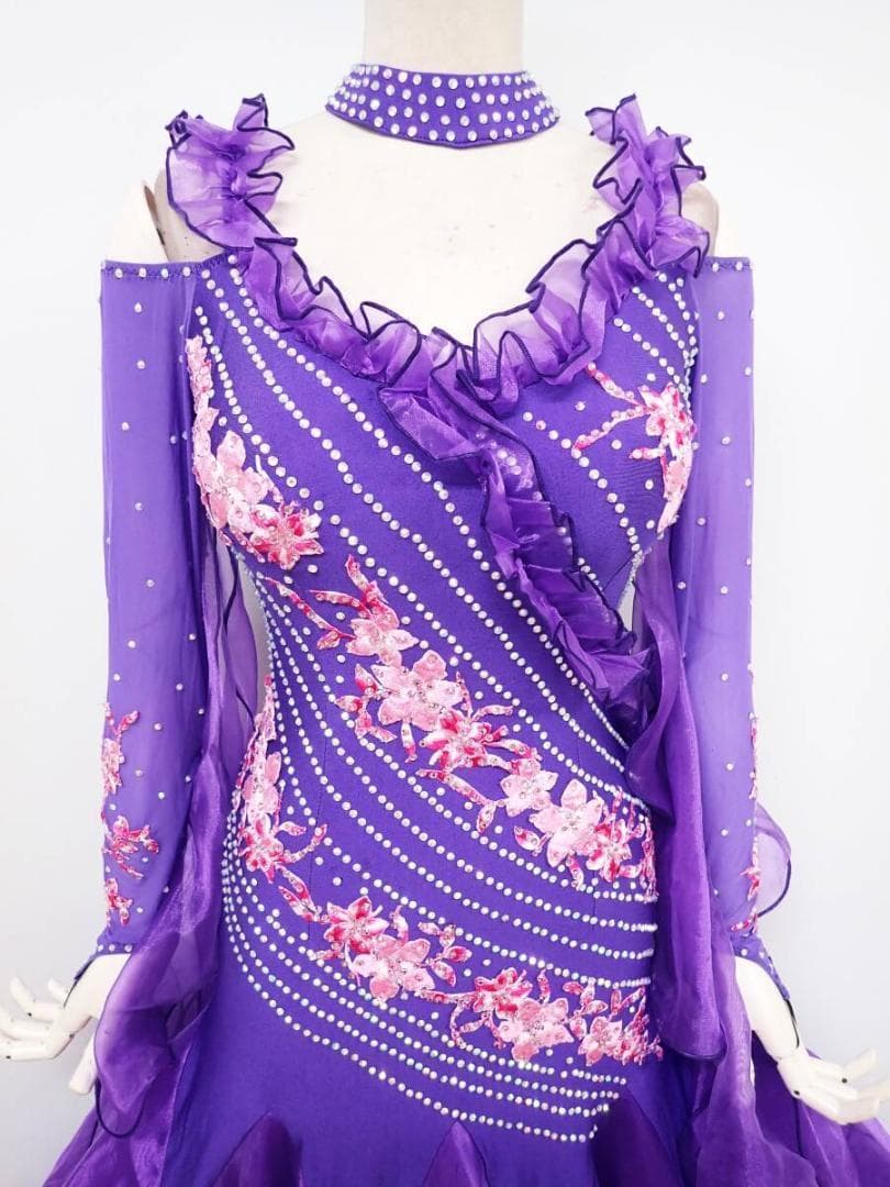 B1456☆美品☆紫/ピンク花/刺繍/ワンピース/スタンダードドレス☆社交