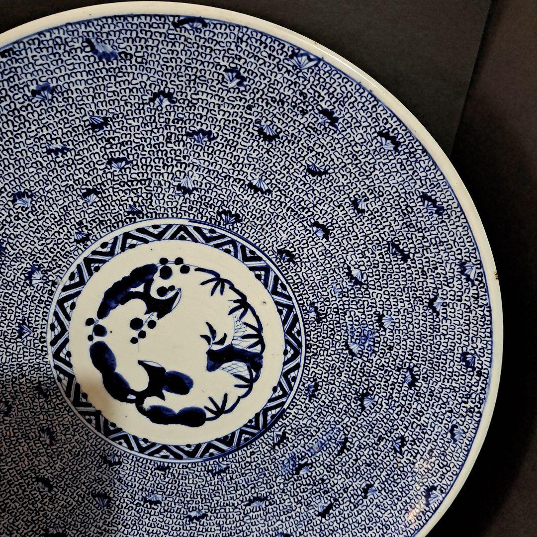 江戸中期　古伊万里　極上　染付青磁　微塵唐草ずくし図　　裏は蛸唐草図　大皿