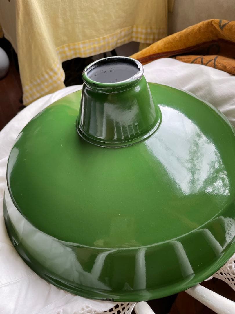 青柳アンティーク　ホーロー　大きな　ランプ　シェード　グリーン　重厚　美品