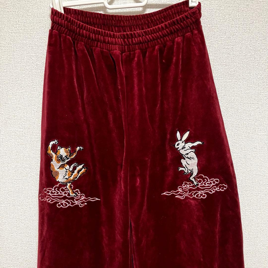 美品】CANDY STRIPPER鳥獣戯画刺繍パンツ バーガンディ（赤）