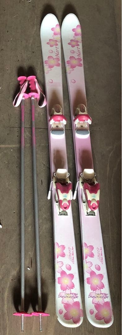 子供用スキーセット　スキー板　ビンディング　ストック　ホルダーベルト　ピンク色