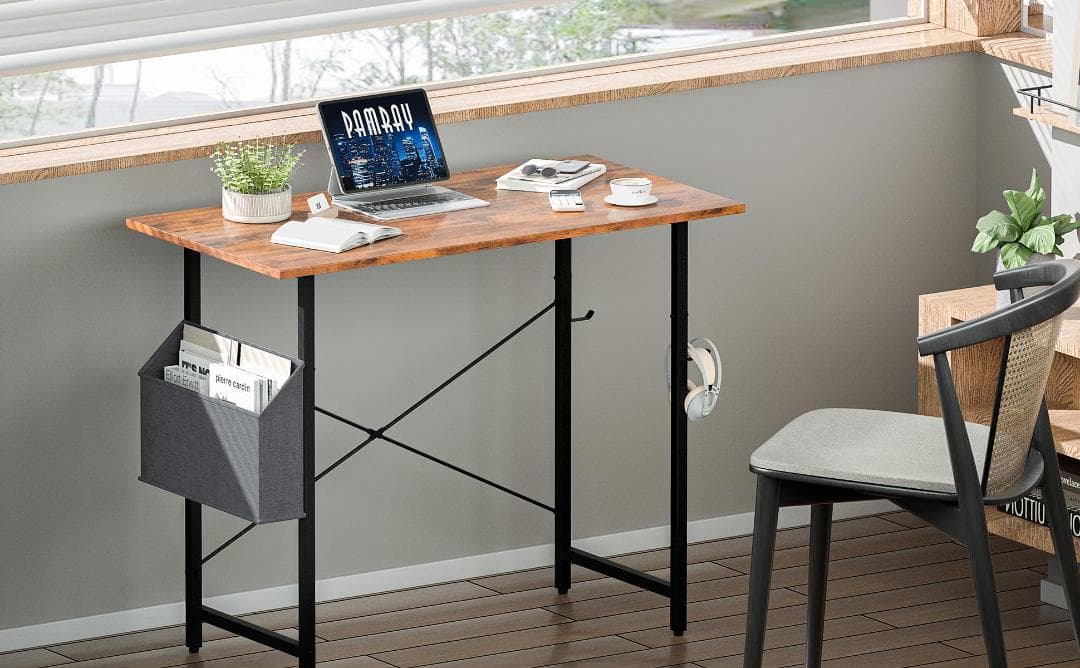 コンパクト書斎デスク - サイズ: 80x40x74cm、収納バッグ&フック