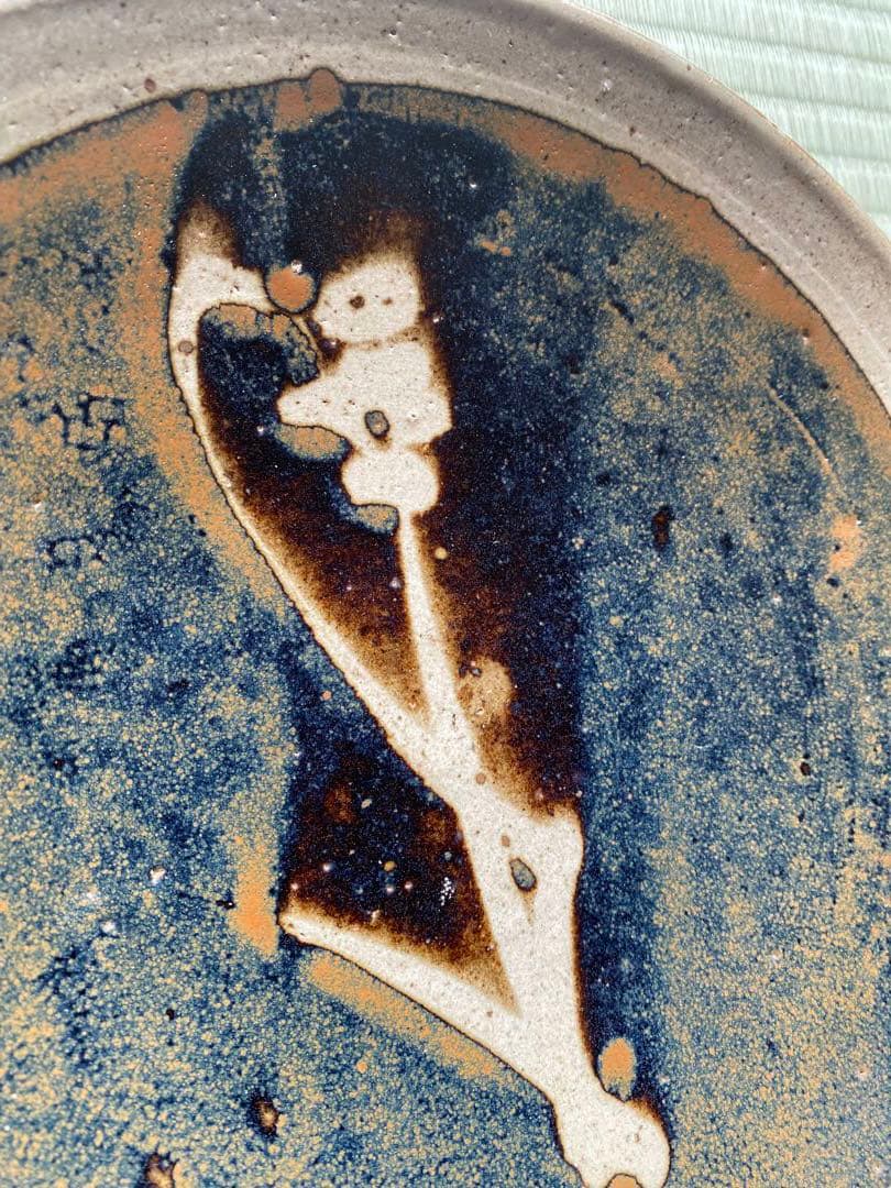 極上！優美大皿人間国宝濱田庄司作 《唐黍文柿釉抜絵皿》（検益子焼浜田庄司