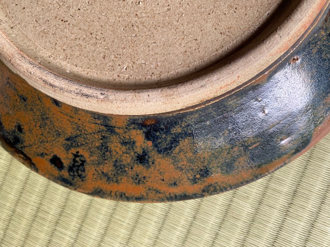 極上！優美大皿人間国宝濱田庄司作 《唐黍文柿釉抜絵皿》（検益子焼浜田庄司