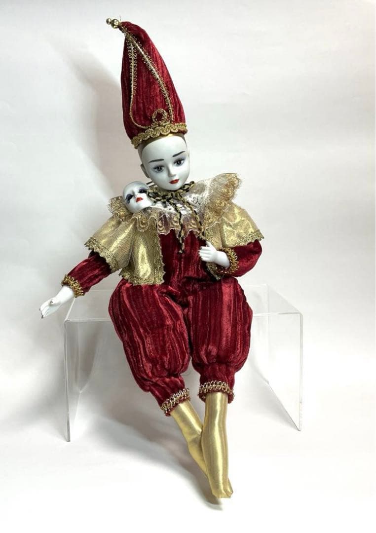 アンティーク ビスクドール ゼンマイ式オルゴール ピエロ 人形