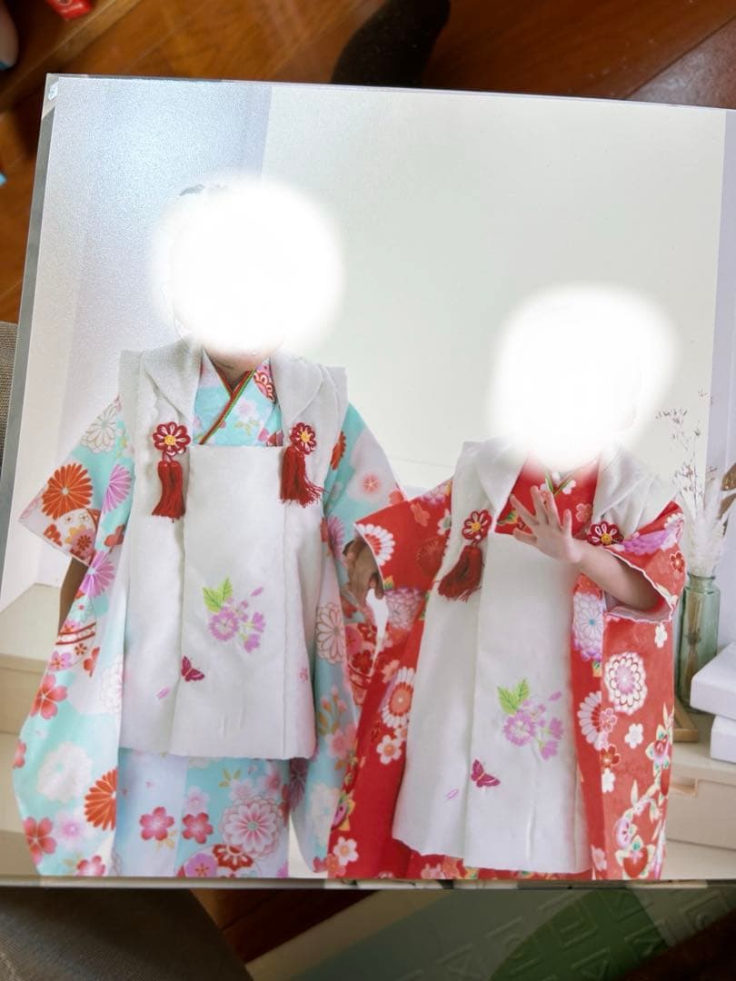 3歳　七五三　着物　双子　ピンク水色　2点セット