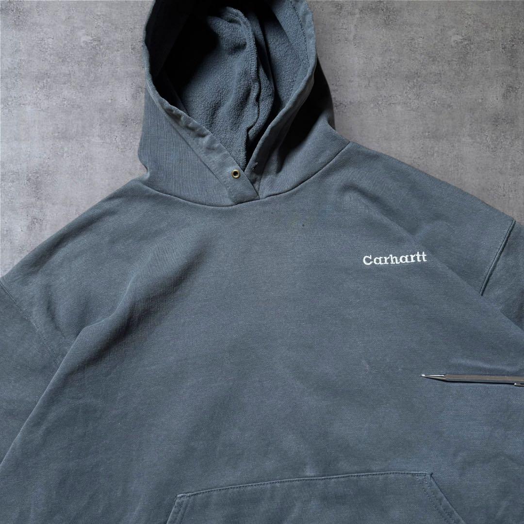 2289 古着00sカーハートプルオーバーパーカー刺繍ロゴ短丈フェード