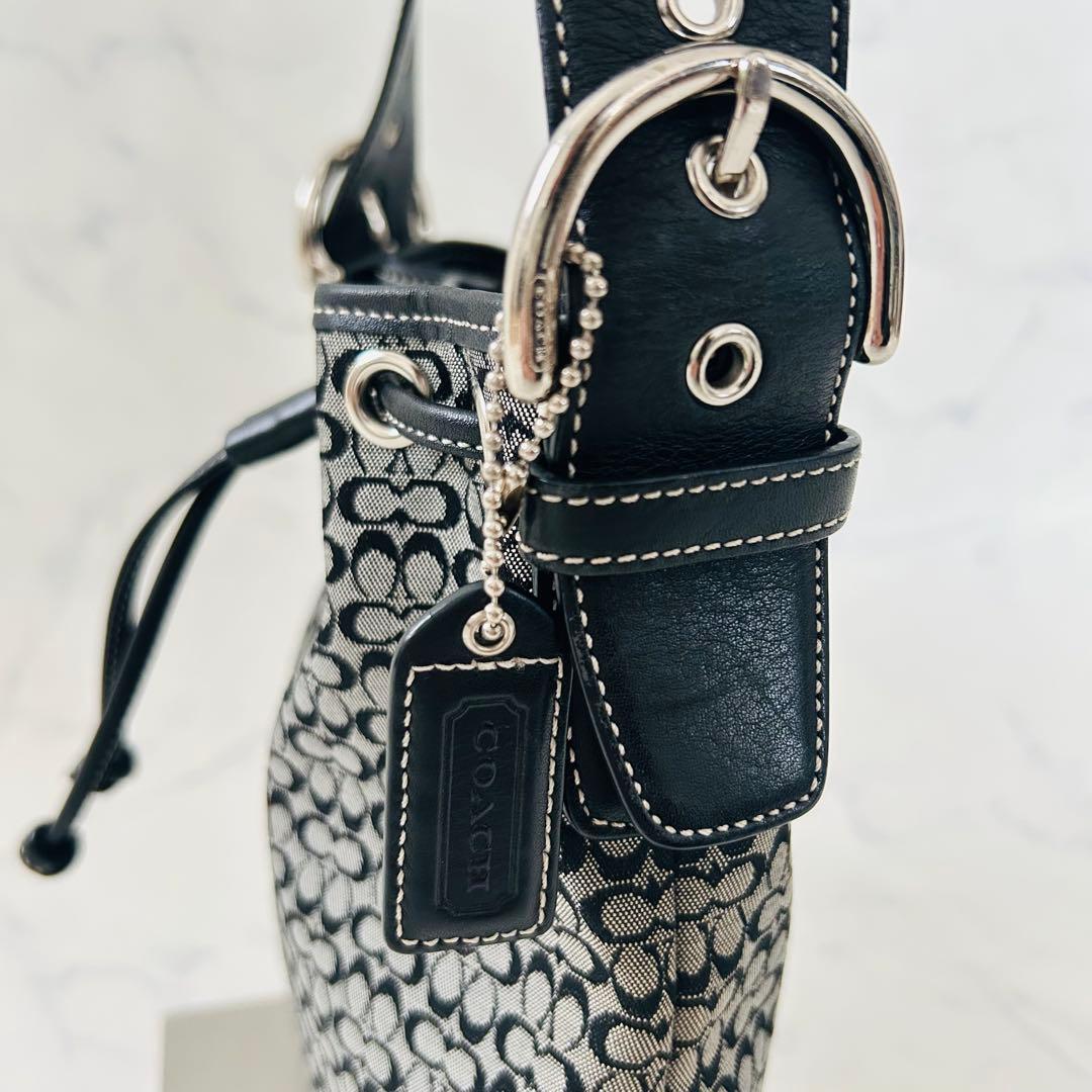 美品】コーチ ショルダーバッグ レザー×キャンバス シグネチャー 巾着型 黒