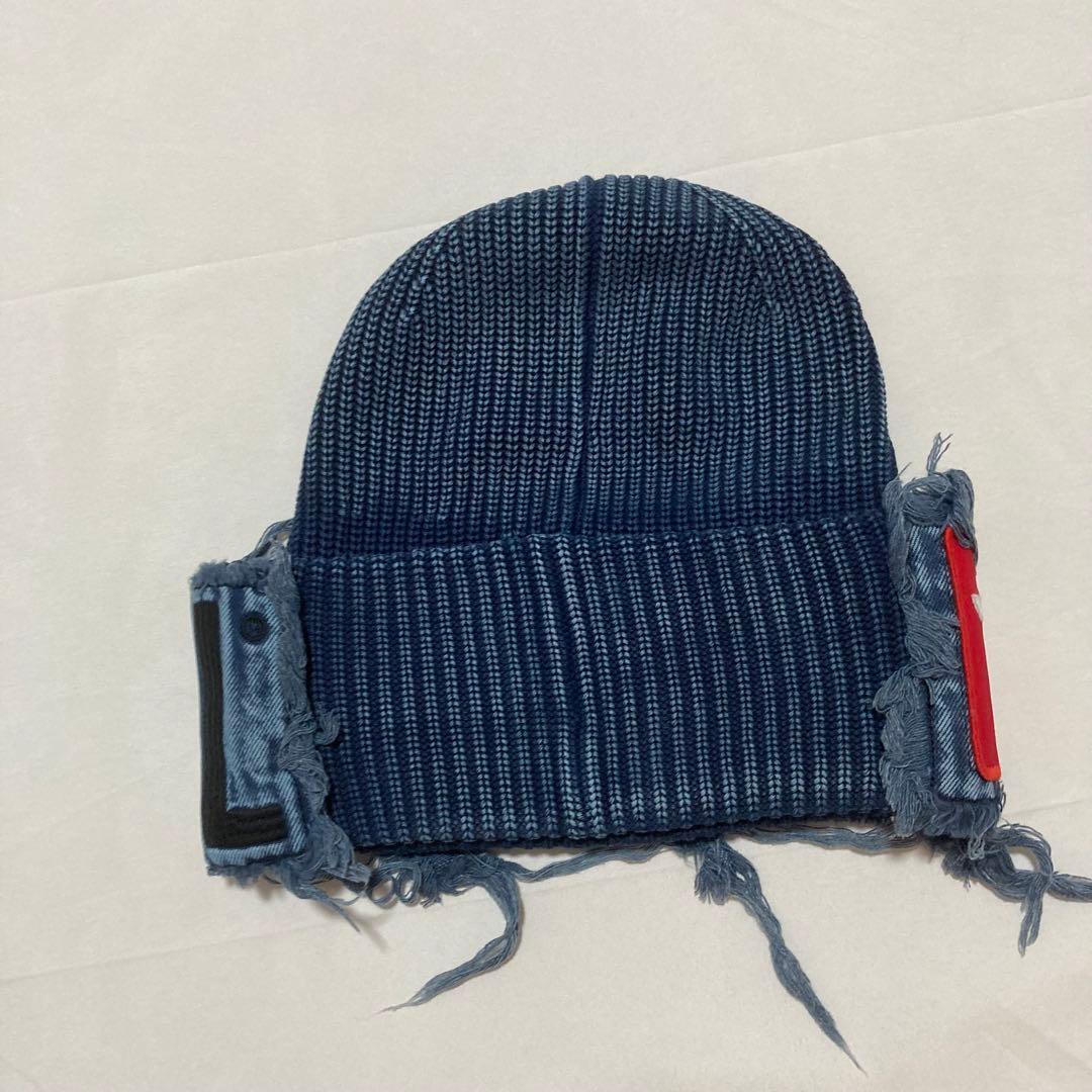 美品 DIESEL ダークブルー ニット帽 フリンジ加工