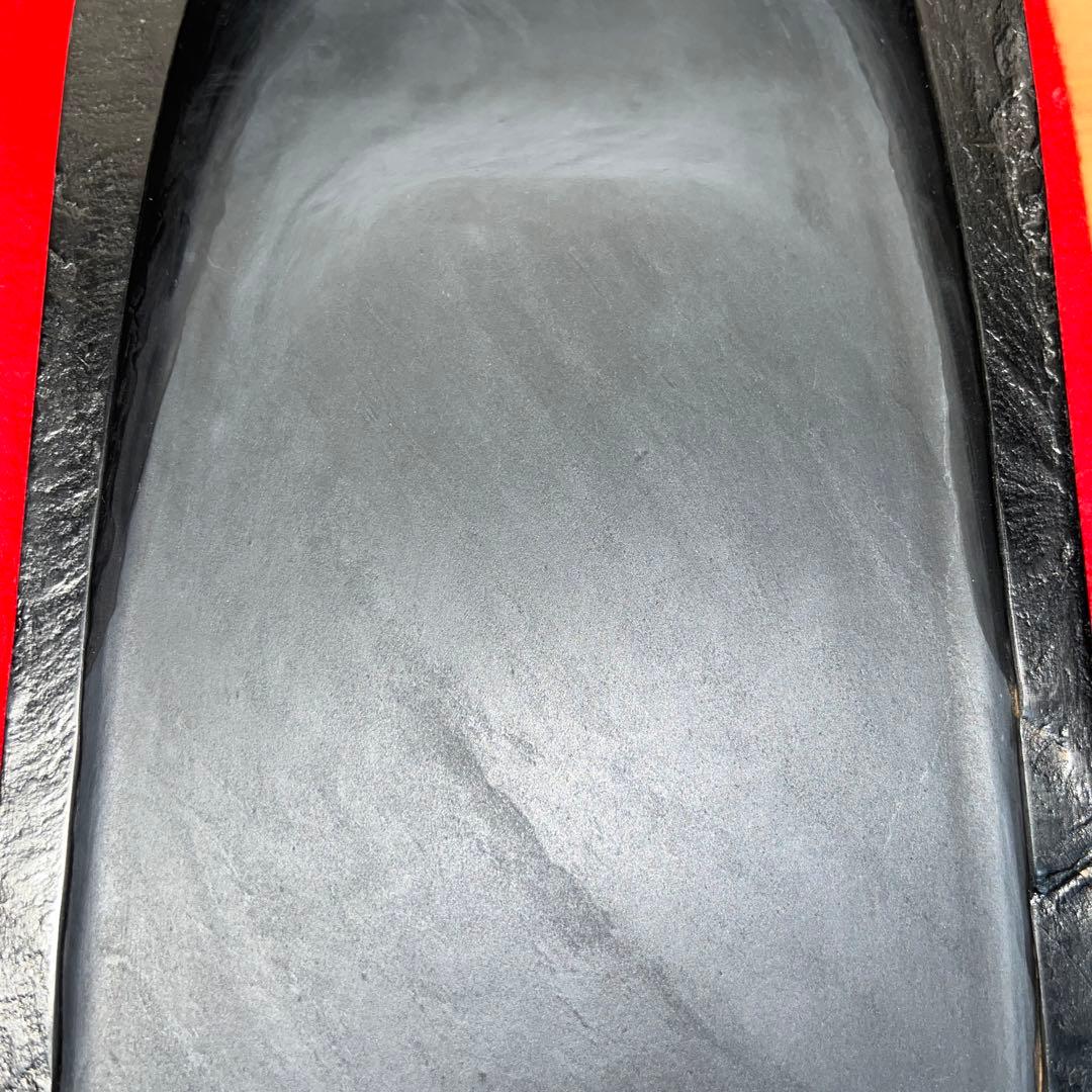 ⭕️雄勝硯　共蓋付き　伝統工芸士　山崎勝　7寸大　咲き梅花彫刻蓋　大型　石紋綺麗