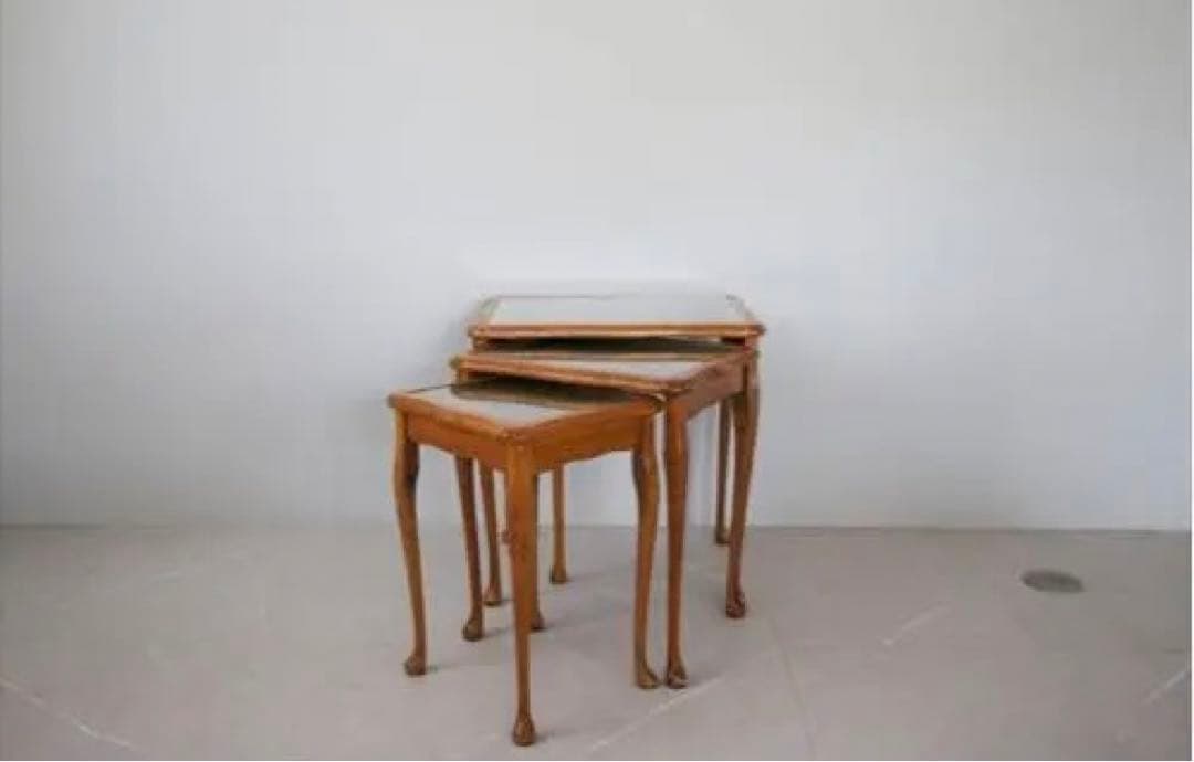 英国アンティーク猫脚ネストテーブル3台/木製机/サイドテーブル(88-211)