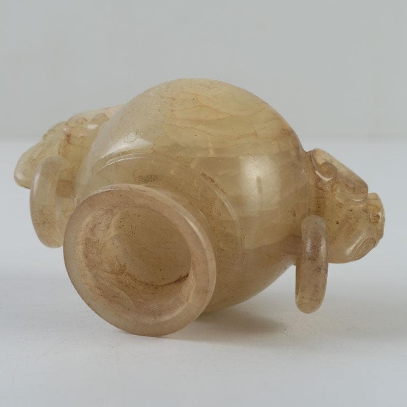 中国 玉石彫刻 獅子摘 双耳遊環 飾壷 香炉 唐木台付 N