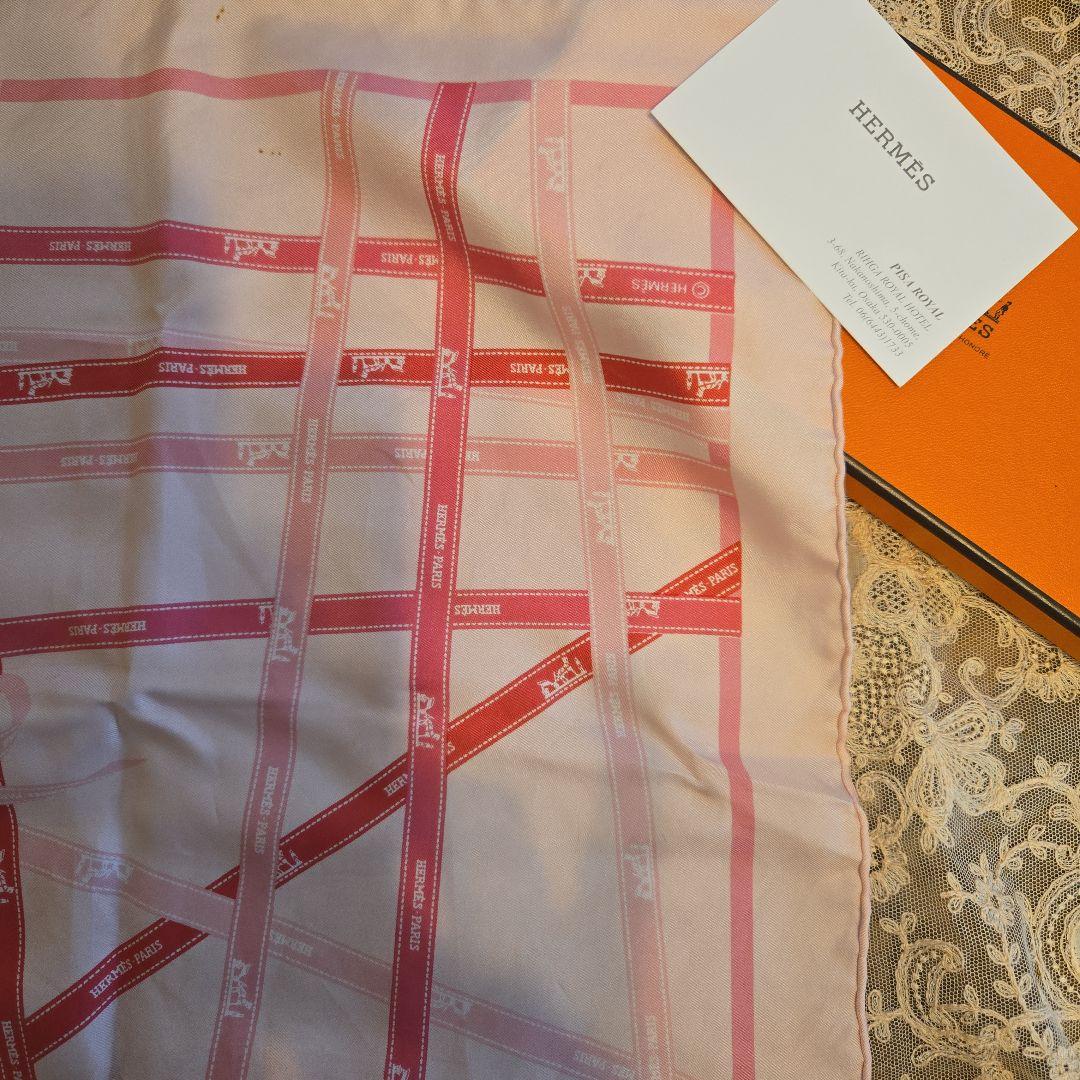 訳あり HERMES リボン柄スカーフボルデュック ピンク プチカレ