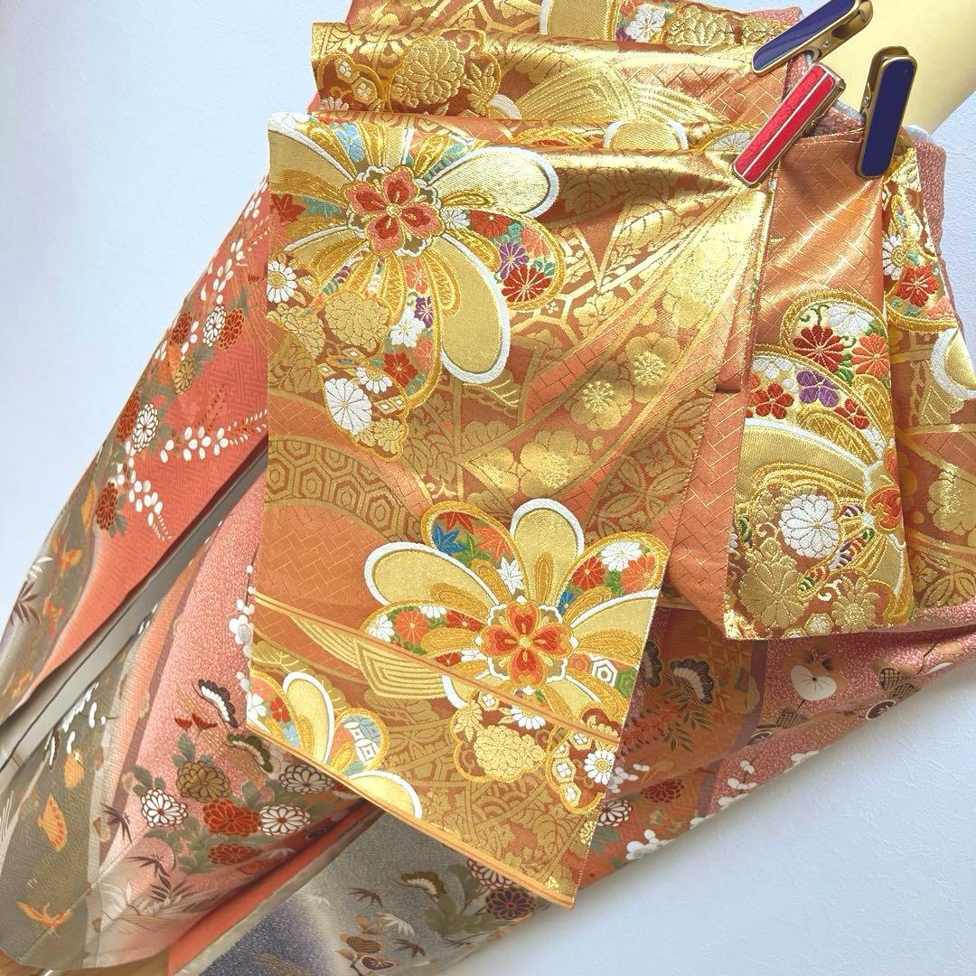 346 振袖フルセット 正絹 サーモンピンク くすみ グレー 金彩 暈し染め