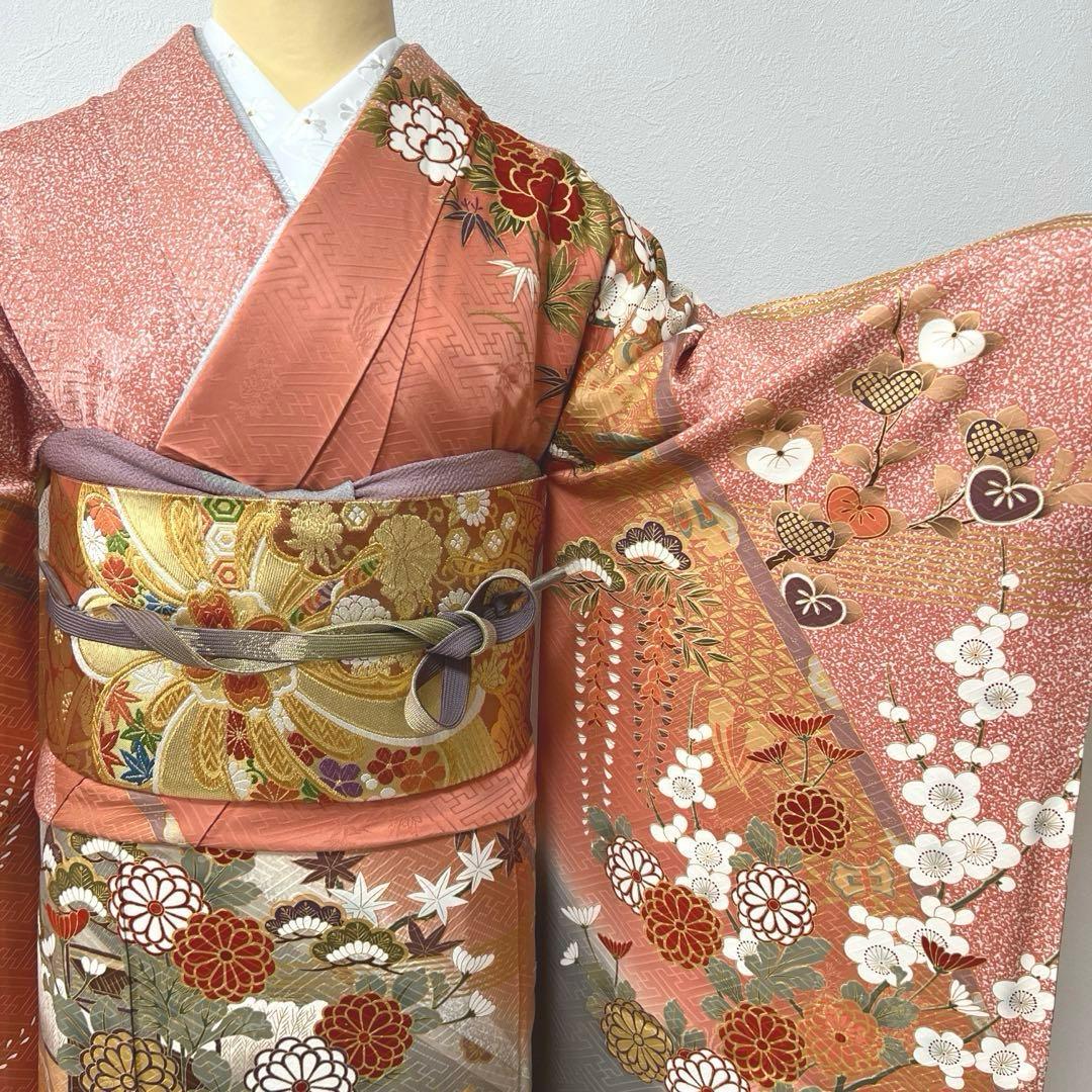 346 振袖フルセット 正絹 サーモンピンク くすみ グレー 金彩 暈し染め