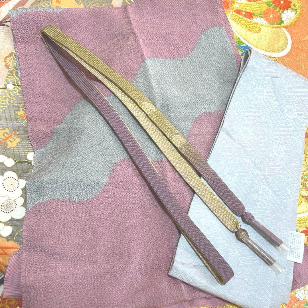 346 振袖フルセット 正絹 サーモンピンク くすみ グレー 金彩 暈し染め