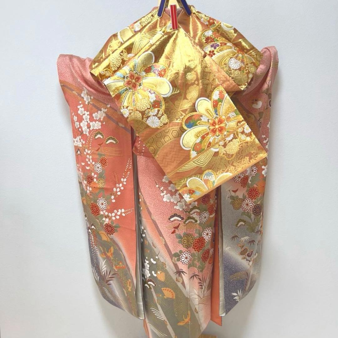 346 振袖フルセット 正絹 サーモンピンク くすみ グレー 金彩 暈し染め