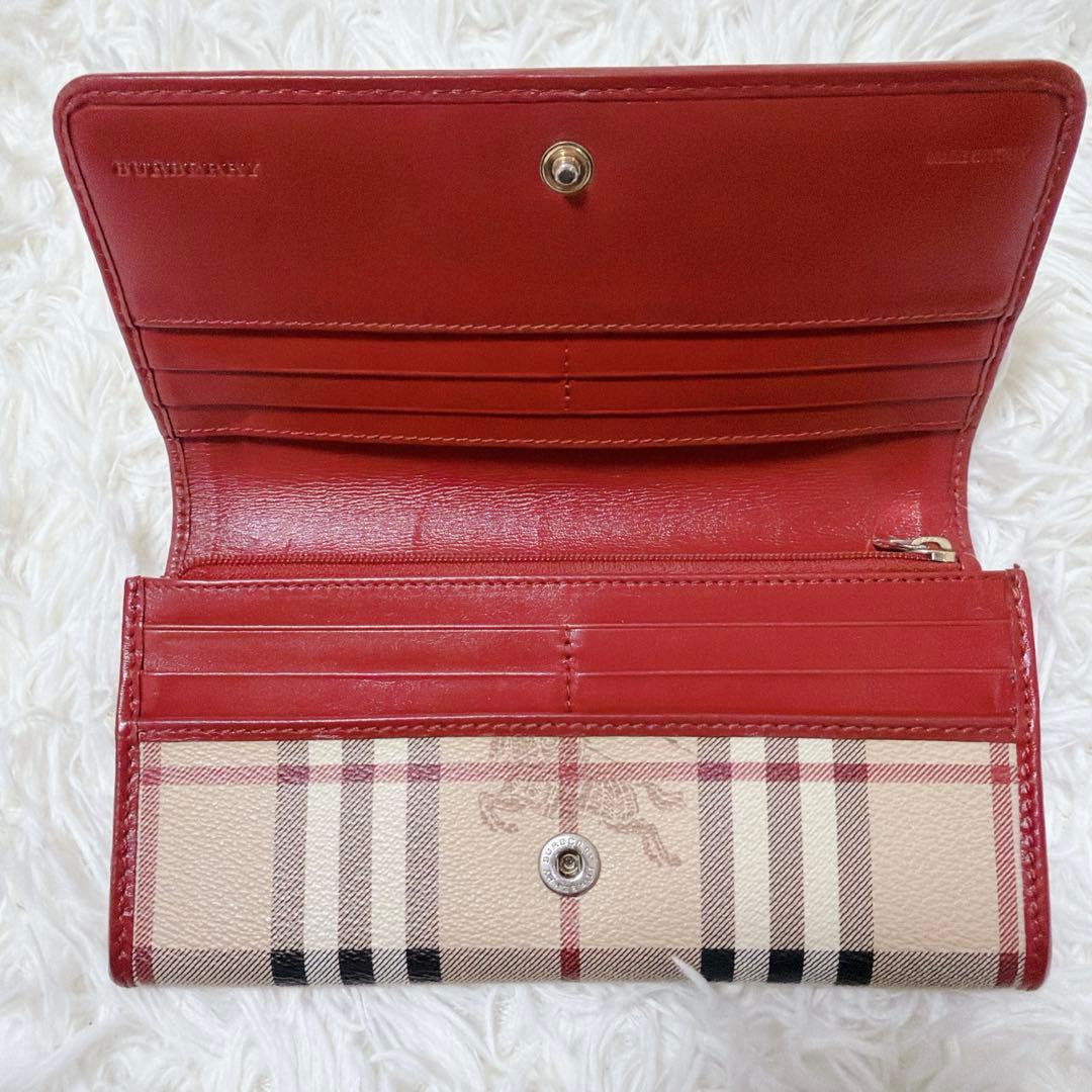 バーバリー 長財布 二つ折り PVC レザー 赤 ノバチェック シャドーホース