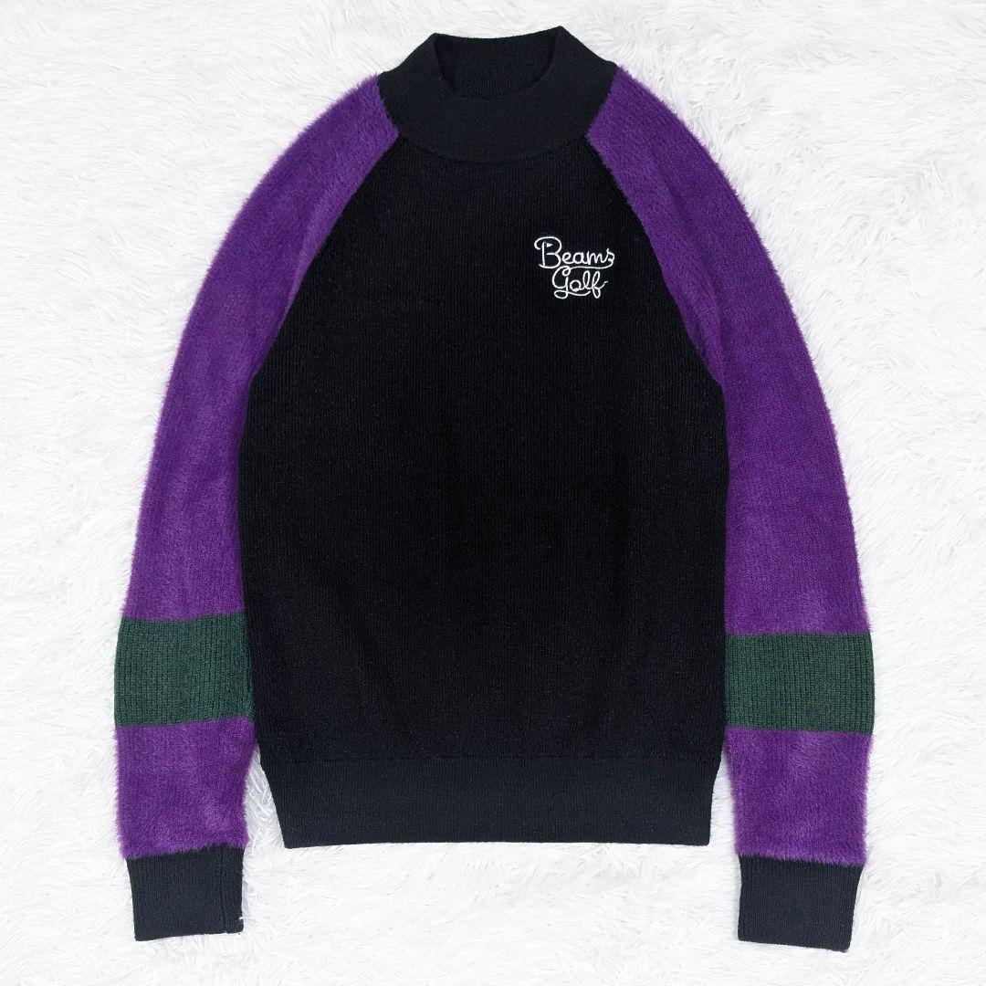 ビームスゴルフ シャギースリーブニット M 異素材切り替え ブランドロゴ刺繍